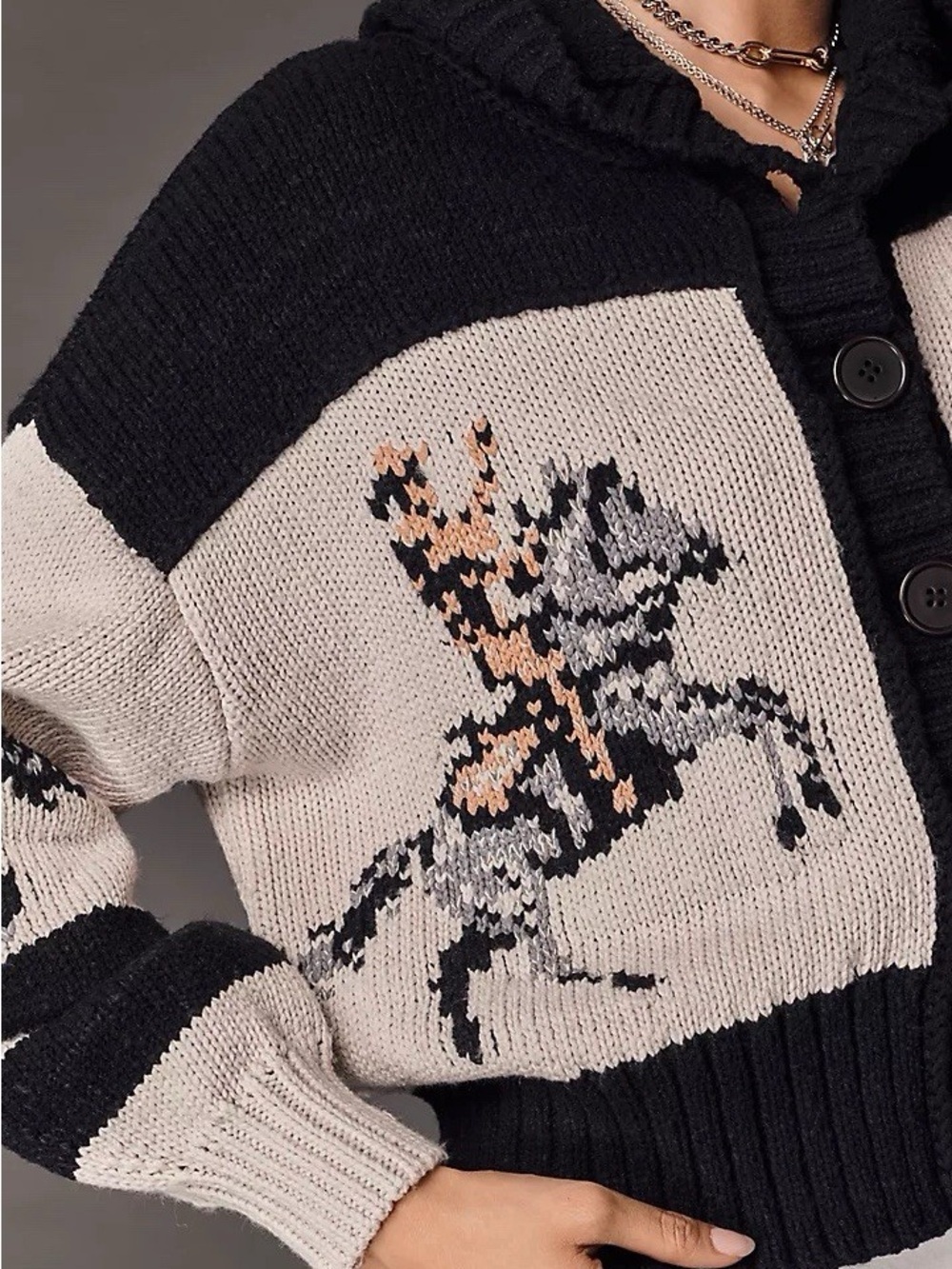 Pilcro Black & Cream Hooded Button-Front Horse Intarsia Cardigan Sweater SAMPLE - Picture 4 of 11